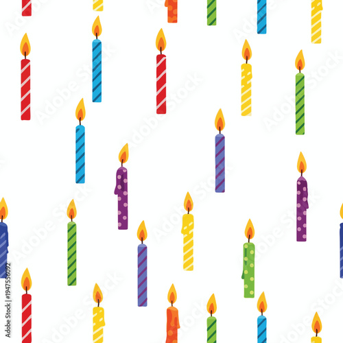 A vibrant pattern of colorful, lit birthday candles on a white background