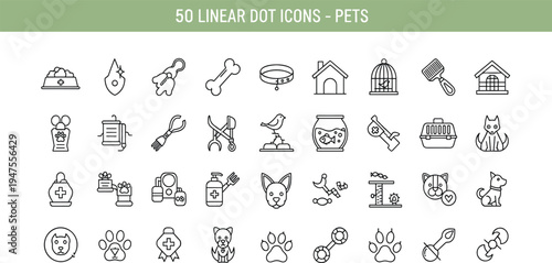 Pet Care Linear Dot Icon Set Vector Collection with Veterinary, Grooming, Accessories, Toys and Domestic Animal Symbols
