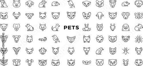 Pets Outline Icon Set with Dog Cat Rabbit Bird Hamster and Other Domestic Animals for Veterinary Clinic, Pet Shop Branding, and Minimal Line Design