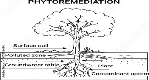 Phytoremediation Process Diagram Showing Plant Roots Cleaning Polluted Soil and Groundwater Environmental Science Infographic Line Art Vector Illustration