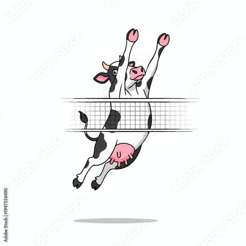 Cartoon cow leaping over volleyball net with hooves raised