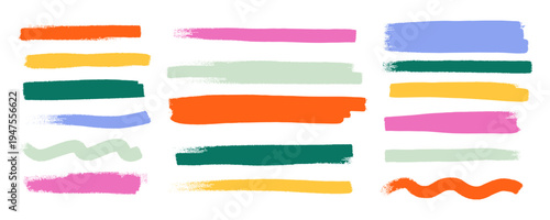 Colorful Brush Line Stroke Set. Paint Brush Stroke Stripe Highlight Kit. Texture Soft Line Ink Marker Collection. Color Grunge Illustration in White Bg