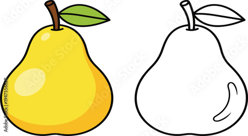 Pear Fruit Cartoon Illustration with Colored Version and Outline Drawing for Kids Coloring Book, Educational Worksheet, Fruit Learning, and Healthy Food Design