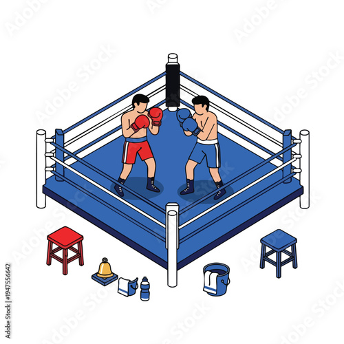 Two boxers face off in a blue ring, with stools, bell, and buckets nearby