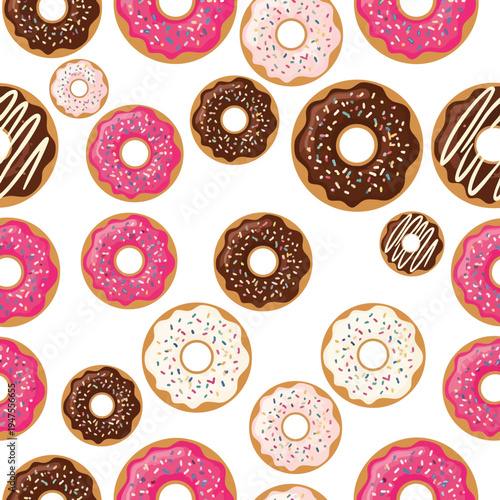 Assorted frosted donuts with colorful sprinkles and drizzles arranged in a pattern