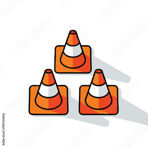 Three orange and white traffic cones cast long grey shadows on a white background