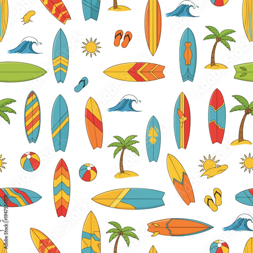 Whimsical pattern of surfboards, waves, suns, palms, flip-flops, and beach balls
