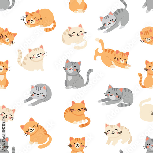 A repeating pattern of various cute, sleeping, and stretching cats in pastel colors
