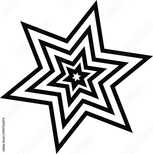 Abstract Black and White Concentric Six-Pointed Star Vector Illustration with Optical Illusion Effect, Ideal for Graphic Design, Logos, and Modern Backgrounds