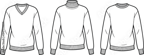Basic Sweater Technical Flat Sketch Vector Template with V Neck Turtleneck and Crew Neck for Fashion Design CAD Mockup Illustration