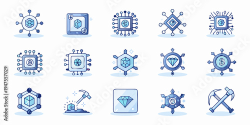 A collection of blue vector icons representing cryptocurrency and blockchain concepts
