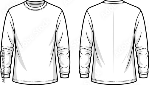 Blank White Long Sleeve T-Shirt Technical Sketch Set, Front and Back View CAD Drawing Flat Vector Illustration for Apparel Design