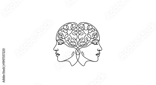 A sophisticated single continuous black line forms two female faces in profile, facing away from each other, with their brains depicted as tangled black lines on a pristine white background.