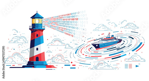 A brightly lit, striped lighthouse projects a digital binary code beam towards a stylized boat navigating abstract swirling lines and clouds on a white background.