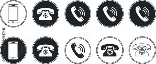 Phone and Telephone Communication Icon Set, Mobile Smartphone and Classic Landline Call Symbols, Contact and Calling Interface Round Vector Icons Collection