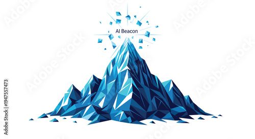 A faceted mountain range, rendered entirely in shades of blue, culminates in a peak from which a crystalline explosion labeled AI Beacon bursts.