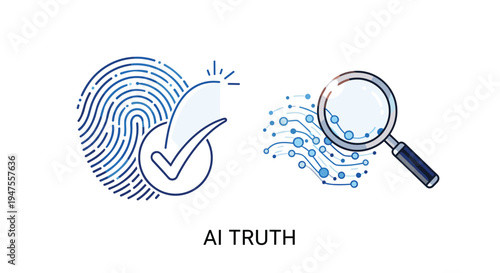 Two high-tech icons, a fingerprint with a partial checkmark and a magnifying glass revealing circuit patterns, are displayed with AI TRUTH text.