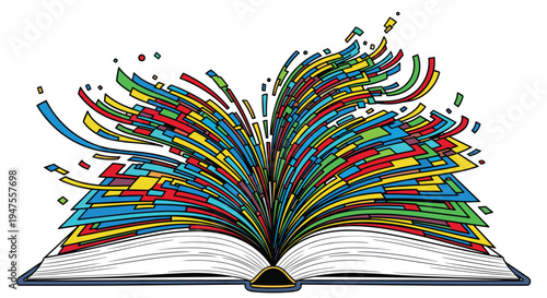 An open book with a dark blue spine and white pages features a dynamic burst of numerous colorful rectangular and linear shapes emerging from its binding on a pristine white background.