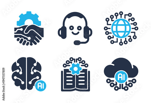 Global Collaboration and Cloud-Based AI Services icon set. Solid glyph series icons