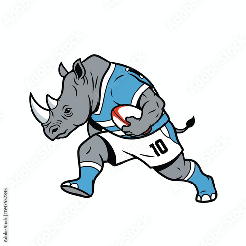 Cartoon rhino in blue uniform playing rugby with ball, number 10