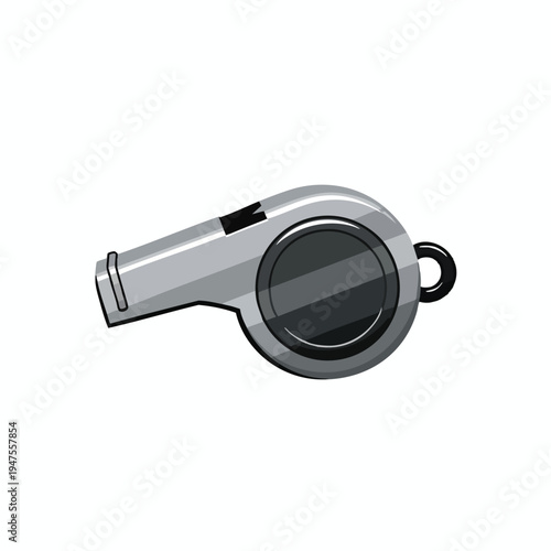 A silver metal whistle with a black pea and a loop on the side