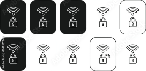 WiFi Security Lock Icon Set, Wireless Internet Protection Symbols Collection, Secure Network Connection and Data Privacy Line and Solid Vector Icons