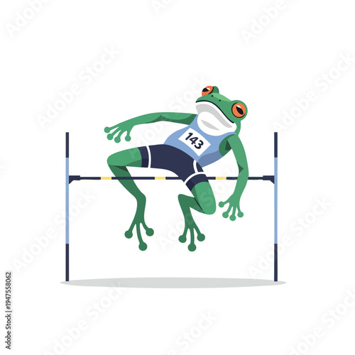 A green frog in athletic wear leaps over a high jump bar