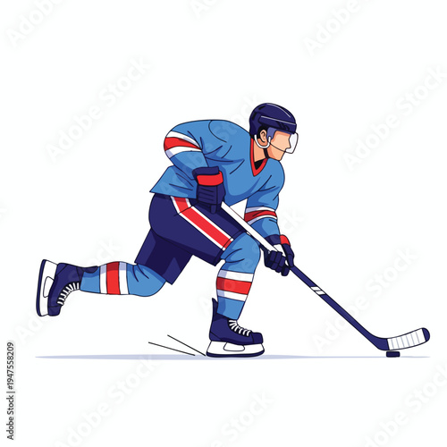 A cartoon ice hockey player in blue uniform skates and grips stick
