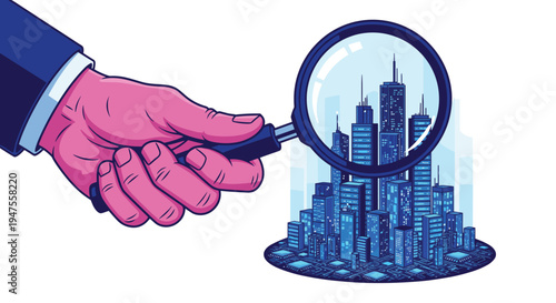 A cartoonish pink hand in a blue suit holds a magnifying glass over a vibrant, blue-lit digital city on a circuit board.