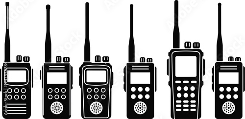 Walkie Talkie Radio Icon Set, Portable Two Way Communication Devices Collection, Handheld Transceiver Silhouette Pack, Wireless Emergency Radio Vector Illustration