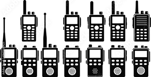 Walkie Talkie Radio Icon Collection, Handheld Two Way Communication Devices Set, Portable Transceiver Silhouette Pack, Wireless Emergency Radio Vector Illustration