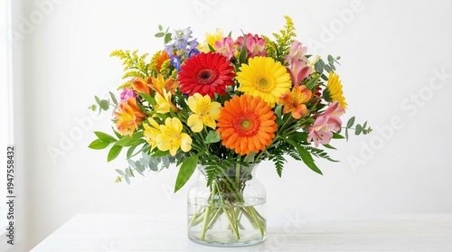 Colorful bouquet of fresh flowers in a glass vase on a white table