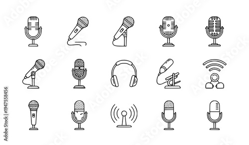 Microphone line icons set with studio podcast karaoke and broadcast audio mic symbols for media and web