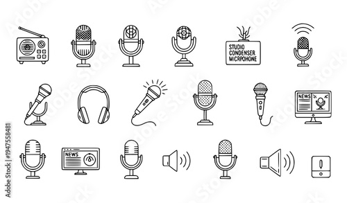 Audio microphone line icon collection podcast broadcast recording media symbols isolated on white