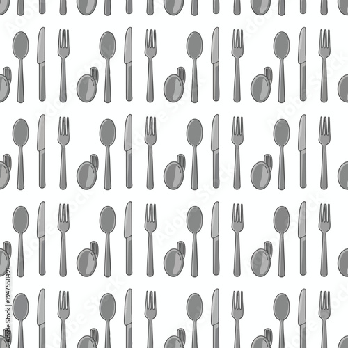 Repeating pattern of silverware, including knives, forks, and spoons, in gray
