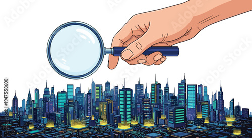 A cartoonish light hand in a blue suit holds an empty magnifying glass above a wide, multi-colored digital city.