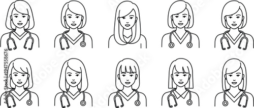 Female Doctor and Nurse Avatar Line Icon Set, Women Medical Professionals Portrait Collection with Stethoscope, Healthcare Worker Outline Vector Illustration Pack