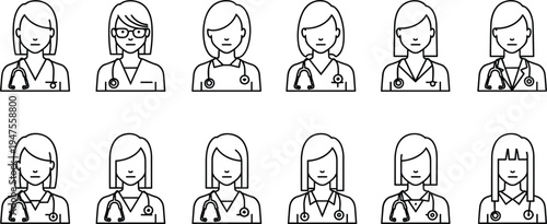 Female Doctor and Medical Professional Line Icon Set, Woman Healthcare Worker Avatars with Stethoscope, Nurse and Physician Outline Vector Collection