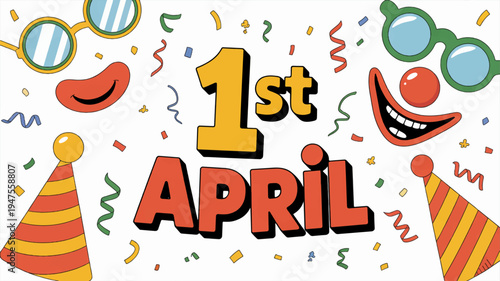 Colorful april fools' day celebration graphic with party hats and confetti