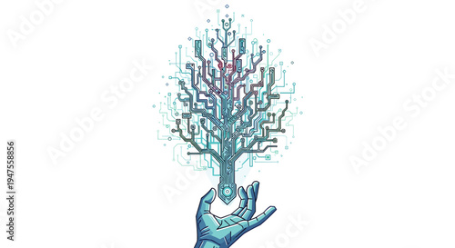 A stylized geometric hand outlined in blue cradles a digital tree formed from intricate blue and green circuit patterns.