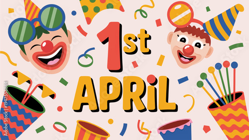 Colorful april fools' day celebration with clown faces and confetti on pink background