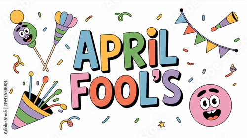 Colorful april fool's day celebration with confetti and party horns on white background