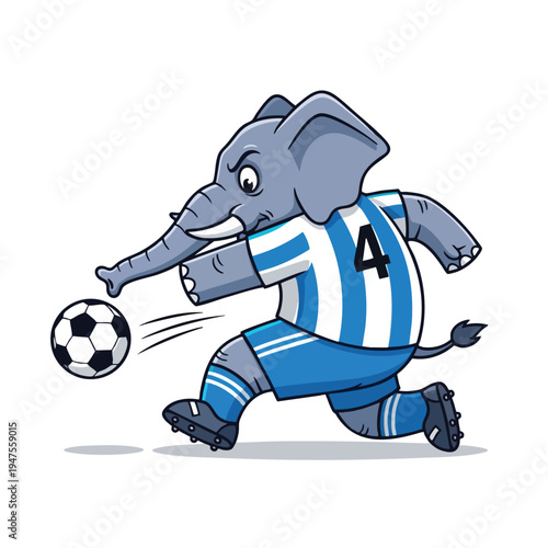 A cartoon elephant in a blue and white soccer uniform plays with a ball