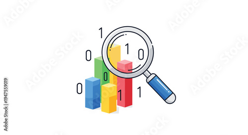 A cartoon-style magnifying glass with a blue handle is positioned over a set of colorful 3D bar graphs, featuring binary code scattered around and within the bars, on a white background.