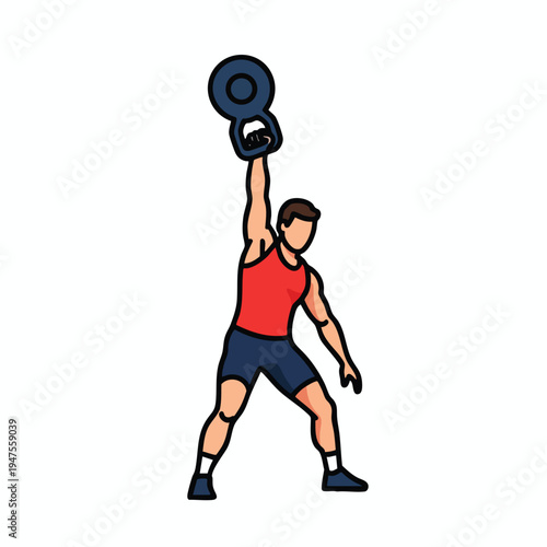 Athletic figure performs a kettlebell press, one arm extended upwards