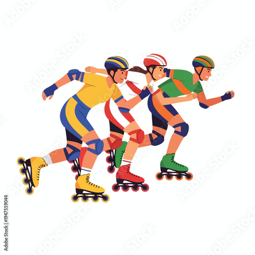 Three diverse people rollerblading in competition, wearing colorful protective gear