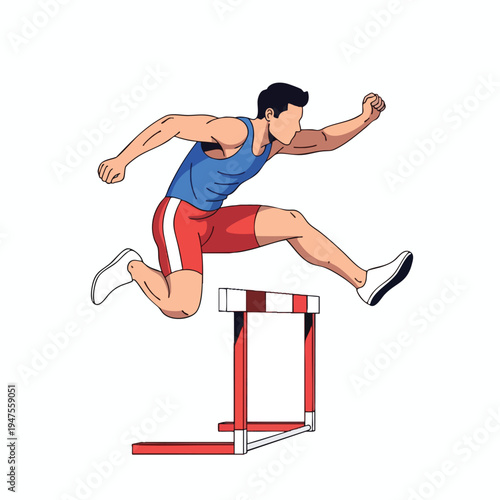 Athletic male runner leaps over a red and white hurdle in mid-air
