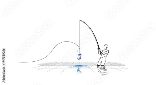 A minimalist black line art drawing shows a person fishing a glowing blue bitcoin symbol from a digital grid-patterned lake, creating ripples, against a pure white background.