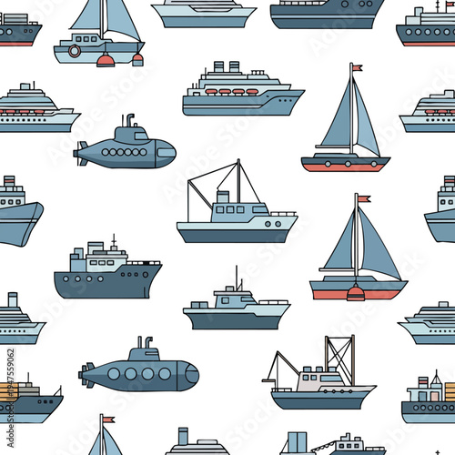 A repeating pattern of various blue and red cartoon ships and boats on a white background