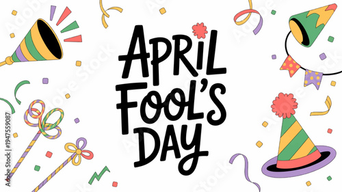 Colorful april fool's day celebration with party hats and confetti on white background